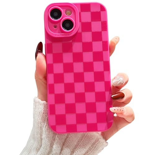 YUMUPIFE Schutzhülle für iPhone 15, niedliches Karomuster-Design für Mädchen und Frauen, weiches Silikon, stoßfest, entworfen für iPhone 15, Hot Pink von YUMUPIFE