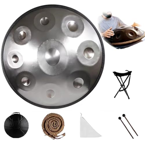 Stahl-Handpan-Trommel-Set | 22 Zoll | 9/10/12 Töne | 440/432 Hz | D-Kurd-Moll | Hand Drum Für Meditation, ASMR, Klangtherapie Und Yoga(Silver,9 Notes (440Hz)) von YXVSZB