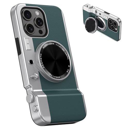 YYAP0NY Schutzhülle für iPhone 15 Pro Max, lustig, coole 3D-Cartoon-Vintage-Kamera, Handyhülle mit Spiegel aus Leder und weichem TPU-Schutz für iPhone 15 Pro Max, Schwarz (Dunkelgrün, iPhone 13/14) von YYAP0NY