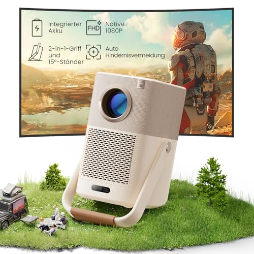 Beamer Outdoor, Sound by JBL&2.5H Built-in Batterie, Yaber T2 Beamer 450ANSI FHD 1080P Native Projektor Autofokus/Trapezkorrektur Smart Beamer Heimkino, Projektor für Handy/Laptop/HDMI/USB/NFC von Yaber PROJECTOR