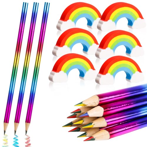 Yamitora 16 Stück Regenbogenstift Buntstifte mit 16 Stück Regenbogen Radiergummi, 4 in 1 Farben Stifte Farbstifte für Skizzieren Zeichnen Färbung Kindergeburtstag Gastgeschenke Schule Haushaltswaren von Yamitora