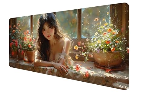 Mauspad Blume, Frau Gaming Mouse Mat, 1200x600x3mm Großes Mouse Pad Vernähte Kanten, rutschfeste Gummiunterseite, Verbessert Präzision Und Geschwindigkei, für Büro, Studium, Mädchen Geschenk yx-45 von Yanefaei