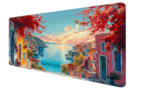 Mauspad Kleine Stadt, Strand Gaming Mouse Mat, 900x400x3mm Großes Mouse Pad Vernähte Kanten, rutschfeste Gummiunterseite, Verbessert Präzision Und Geschwindigkei, für Büro, Mädchen Geschenk yx-391 von Yanefaei