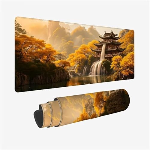 Mousepad Wasserfall,Mousepad Gaming XXL 1500x800x3mm,Verlängertes Großes Mauspad Palast,Schreibtischauflage,Genähte Kanten Mauspad,Wasserdicht,rutschfeste Gummibasis,für Home Office Geschenke YX-108 von Yanefaei