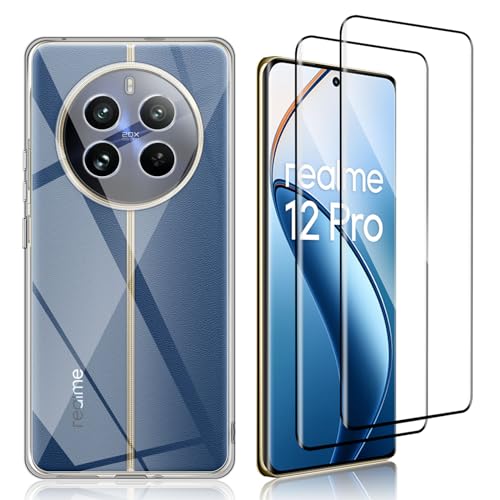 Yanwom Hülle für Realme 12 Pro für Panzerglas [1+1] Silicone Schutzhülle Schutzfolie Folie, Blasenfrei Panzerfolie, Anti-Kratzer Displayschutzfolie 9H Härte Schutzglas von Yanwom