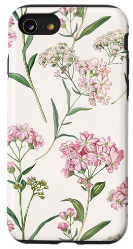 Hülle für iPhone SE (2020) / 7 / 8 Pastellrosa Schafgarbe Blumen und grüne Blätter von Yarrow Flowers Vintage Botanical Design