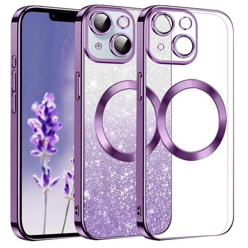 Yarxiawin Kompatibel für Apple iPhone 14 Plus Hülle Silikon Transparent Glitzer Aesthetic, Kompatibel mit Magsafe Handyhülle iPhone 14 Plus Schutzhülle Magnetisch Dünn Clear Case (Lila) von Yarxiawin