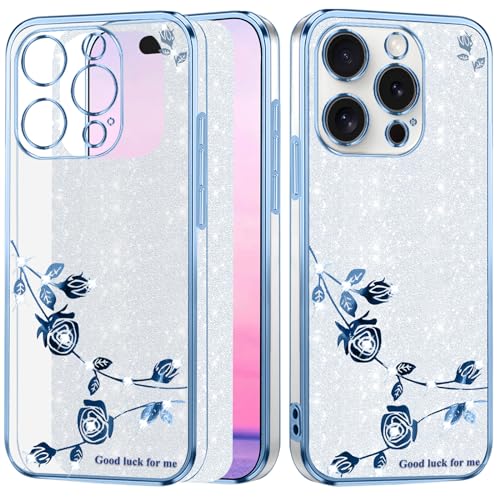 Yarxiawin Kompatibel mit Apple iPhone 15 Pro hülle Silikon Glitzer Blumen Muster Aesthetic Clear Case, Handyhülle iPhone 15 Pro hülle Glitzer Schutzhülle Transparent Motiv Cover (Silbrig-Blau) von Yarxiawin