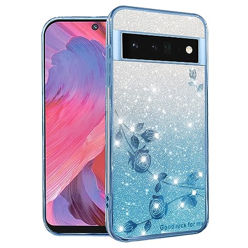 Yarxiawin Kompatibel mit Google Pixel 6 Pro hülle Silikon Glitzer Blumen Muster Aesthetic Clear Case, Handyhülle Google Pixel 6 Pro 5G hülle Glitzer Schutzhülle Transparent Motiv (Blau) von Yarxiawin