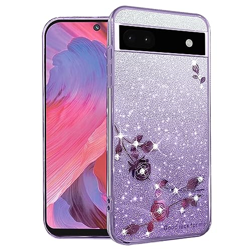 Yarxiawin Kompatibel mit Google Pixel 6a hülle Silikon Glitzer Blumen Muster Aesthetic Clear Case, Handyhülle Google Pixel 6a 5G hülle Glitzer Schutzhülle Transparent Motiv (Lila) von Yarxiawin