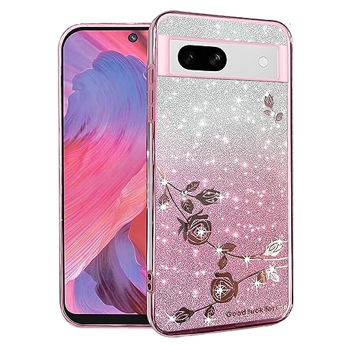 Yarxiawin Kompatibel mit Google Pixel 7a hülle Silikon Glitzer Blumen Muster Aesthetic Clear Case, Handyhülle Google Pixel 7a 5G hülle Glitzer Schutzhülle Transparent Motiv (Rosa) von Yarxiawin