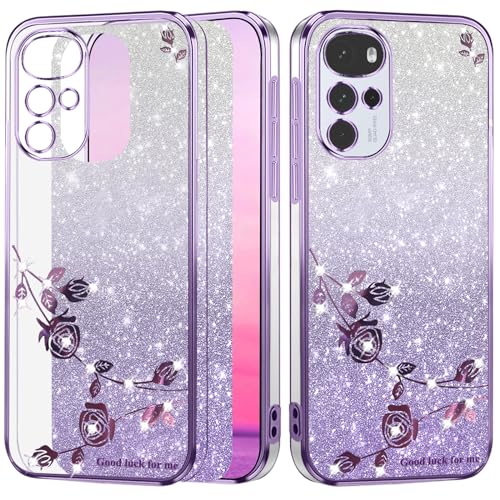 Yarxiawin Kompatibel mit Motorola Moto G22 hülle Silikon Glitzer Blumen Muster Aesthetic Clear Case, Handyhülle Moto G22 hülle Glitzer Schutzhülle Transparent Motiv Dünn Cover (Lila) von Yarxiawin