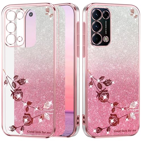 Yarxiawin Kompatibel mit Oppo Find X3 Lite 5G hülle Silikon Glitzer Blumen, Handyhülle Oppo Reno 5 5G Hülle Glitzer Durchsichtig, Schutzhülle Oppo Find X3 Lite hülle Transparent (Rosa) von Yarxiawin