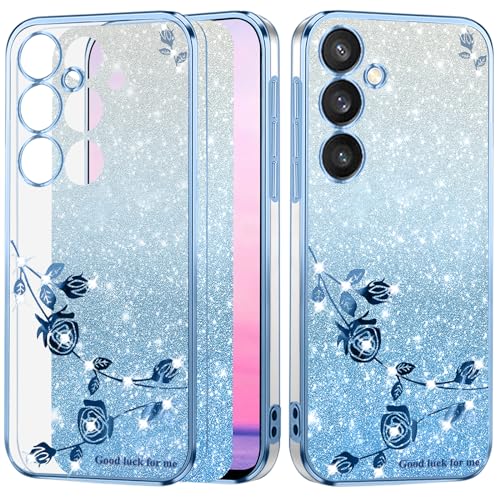 Yarxiawin Kompatibel mit Samsung Galaxy A34 5G hülle Silikon Glitzer Blumen, Handyhülle Samsung A34 5G hülle Glitzer Durchsichtig Dünn, Schutzhülle Samsung A34 5G hülle Transparent (Blau) von Yarxiawin