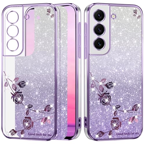 Yarxiawin Kompatibel mit Samsung Galaxy S21 FE hülle Silikon Glitzer Blumen Muster Aesthetic Clear Case, Handyhülle Samsung S21 FE Durchsichtig Schutzhülle Transparent Motiv Cover (Lila) von Yarxiawin