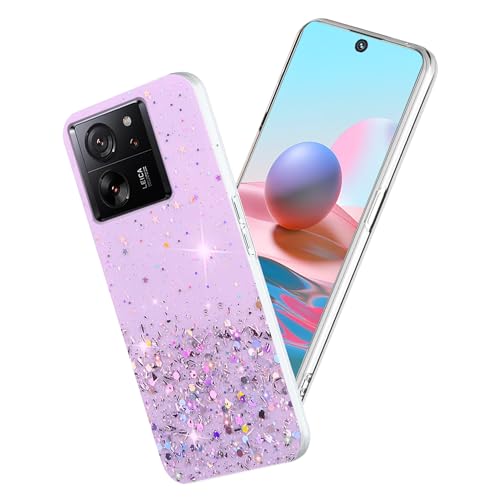 Yarxiawin Kompatibel mit Xiaomi 13T Pro 5G hülle Transparent Glitzer Aesthetic Muster, Handyhülle Xiaomi 13T 5G Silikon Hülle Durchsichtig, Schutzhülle Xiaomi 13T Pro Glitzer Clear Case (Lila) von Yarxiawin