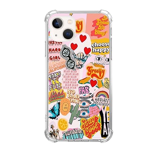 Yawheg Hippie Indie Ästhetische Zitate Collage Hülle Kompatibel mit iPhone 13, Regenbogen Kaktus Schmetterling Cover für Teenager Frauen Männer Slim Soft Flexible TPU Gummi Hülle für iPhone 13 von Yawheg