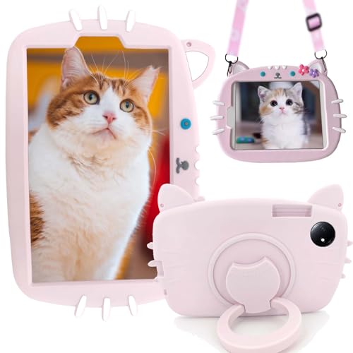 YeaQuelior Kinder Hülle Kompatibel mit Xiaomi Redmi Pad SE 4G 8,7 Zoll 2024, Stoßfeste Schutzhülle mit 360 Drehbarer Ständer/Griff und Schultergurt (Katze) von YeaQuelior