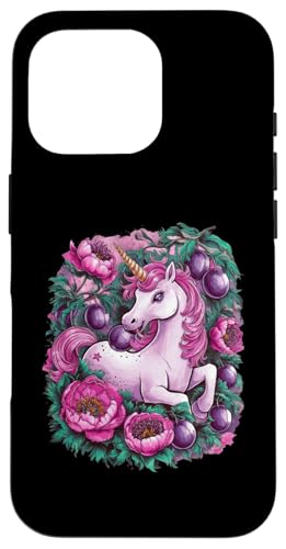 Hülle für iPhone 16 Pro Kawaii Einhorn mit Pflaumen und Blumen von !!!Yeah Einhorn Designz