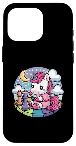 Hülle für iPhone 16 Pro Kawaii Einhorn spielt Schach mit Schachfiguren von !!!Yeah Einhorn Designz