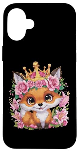 Hülle für iPhone 16 Plus Cartoon Kawaii Fuchs mit Krone, Rosen und Lillien von !!!Yeah Fuchs Designz