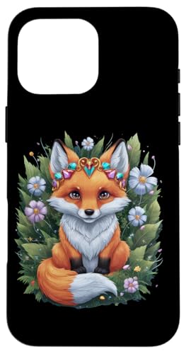 Hülle für iPhone 16 Pro Max Kawaii Fuchs mit farbenfrohen Blumen und schöner Krone von !!!Yeah Fuchs Designz