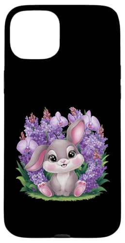 Hülle für iPhone 15 Plus Kawaii Hase mit Orchideen und Flieder von !!!Yeah Hase Designz