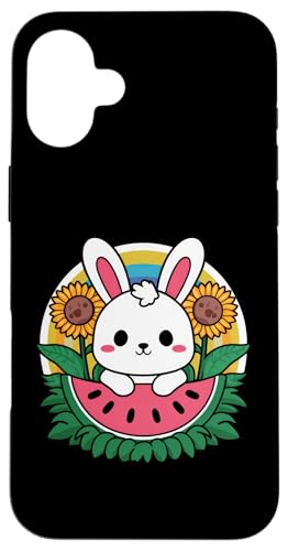 Hülle für iPhone 16 Plus Kawaii Hase mit Sonnenblume und Wassermelone von !!!Yeah Hase Designz