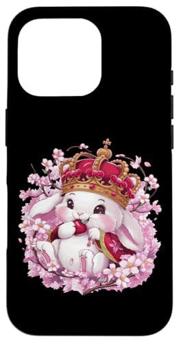 Hülle für iPhone 16 Pro Süßer Kawaii Hase mit Krone, Kirschen und Sakura Kirschblüte von !!!Yeah Hase Designz