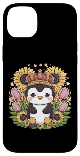 Hülle für iPhone 14 Plus Kawaii Pinguin mit Krone, Tulpen und Sonnenblumen von !!!Yeah Pinguin Designz