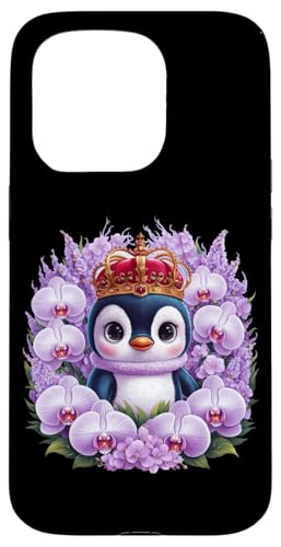 Hülle für iPhone 15 Pro Kawaii Pinguin mit Orchideen, Krone und Flieder von !!!Yeah Pinguin Designz