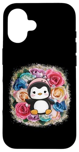 Hülle für iPhone 16 Cartoon Kawaii Pinguin mit Krone mit Rosen von !!!Yeah Pinguin Designz