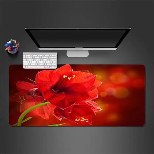 Gaming Mauspad,XXL Mousepad 700x300x2mm Groß Mauspad Vernähte Kanten Wasserdicht Anti-Rutsch Tischunterlage,Verbessert Geschwindigkeit und Präzision Mousepad für PC,Büro,Laptop - Rote Lilienblumen von Yeecer