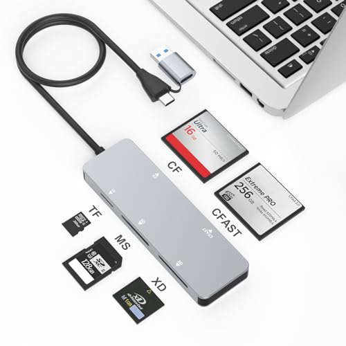 CFast-Kartenleser,USB 3.0 USB C CFast 2.0 Card Reader,5 Gbit/s Aluminium-Hochgeschwindigkeits-CFast/CF/SD/TF/XD für SanDisk,Lexar, Transcend,Sony-Karte,liest 5 Karten gleichzeitig von Yeemie