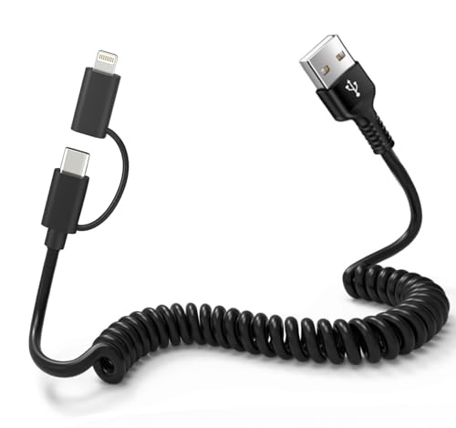 Carplay Kabel USB C Spiralkabel 2 in 1 - USB A auf USB C und Lightning Kabel Unterstützung Android Auto & Apple Carplay Kabel USB C Schnellladen Datenübertragung und MFi Zertifiziert für iPhone 15 von Yeemie