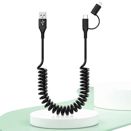 USB-auf-USB-C- und Lightning-Kabel Kurz 2-in-1,MFi Zertifiziert Apple Carplay und Android Auto Kabel,3 A & Daten,Lightning Spiralkabel iPhone Ladekabel für iPhone 15/14/13/12/Android, Schwarz von Yeemie