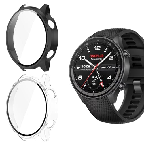 Yenwen Hülle für OnePlus Watch 2R Case, 2 Stück Anti Kratz Anti Staub PC Schutzhülle mit Schutzfolie, Ultra Slim HD Clear Cover - Transparent & Schwarz von Yenwen