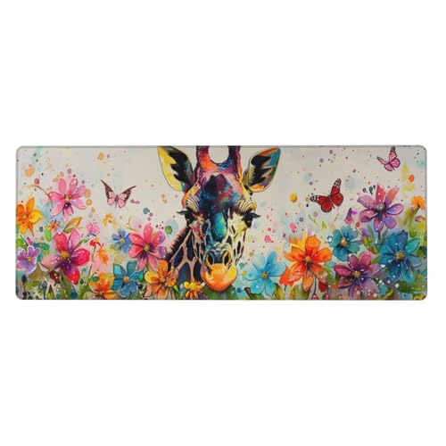 Gaming Mauspad Giraffe Butterfly Motiv,Blumen Mousepad XXL 800 x 400 x 3mm, Wetterfest Anti-Rutsch Schreibtisch Mouse Pad Verbessert Präzision und Geschwindigkeit, Gaming Zubehör für Home Zimmer Deko von Yeogcohe