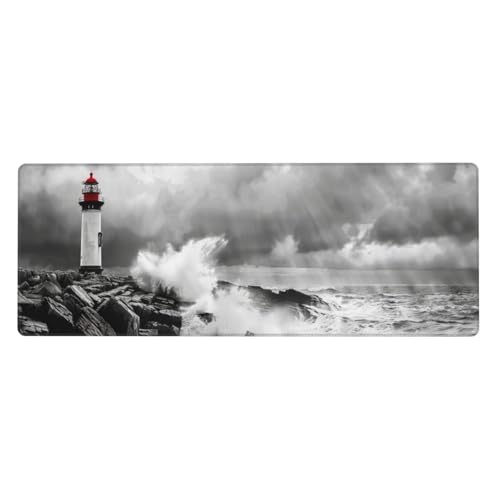 Gaming Mauspad Leuchtturm Motiv,Wellen Mousepad XXL 600 x 300 x 3mm, Wetterfest Anti-Rutsch Schreibtisch Mouse Pad Verbessert Präzision und Geschwindigkeit, Gaming Zubehör für Home Zimmer Deko von Yeogcohe