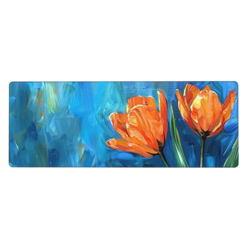 Gaming Mauspad Tulip Motiv,orange Mousepad XXL 1200 x 600 x 3mm, Wetterfest Anti-Rutsch Schreibtisch Mouse Pad Verbessert Präzision und Geschwindigkeit, Gaming Zubehör für Zimmer Deko Geschenk von Yeogcohe