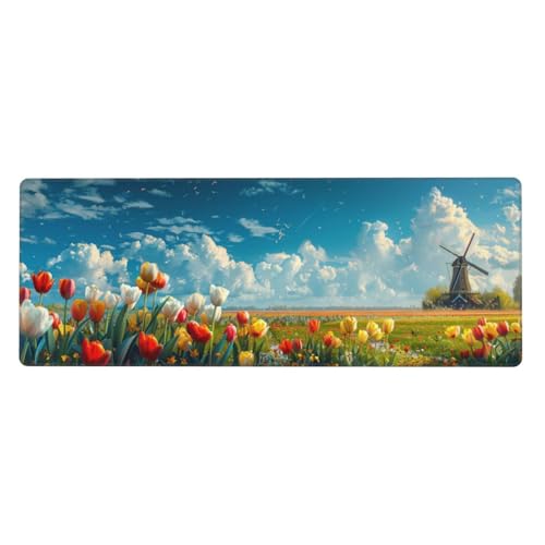 Gaming Mauspad Tulips Motiv,Windmühle Mousepad XXL 1200 x 600 x 3mm, Wetterfest Anti-Rutsch Schreibtisch Mouse Pad Verbessert Präzision und Geschwindigkeit, Gaming Zubehör für Home Zimmer Deko von Yeogcohe