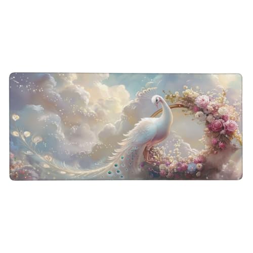 Pfau Mousepad XXL 800 x 300 x 3mm Groß Gaming Mauspad Vogel Mouse Pad mit Genähten Kanten, Wasserdicht Rutschfeste Gummibasis Verbessert Präzision und Geschwindigkei, für PC Professionelle Gamer von Yeogcohe