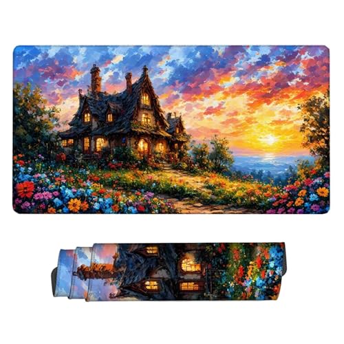 Landschaft Mauspad XXL 900x300x3mm Schreibtischunterlage Häuser Mauspad Gaming Großer Erweiterter Schreibtisch Wassxerdicht Gummibasis mit Vernähte Kanten Schutz Langlebig Mousepad für Frauen H2-173 von Yhfunfo