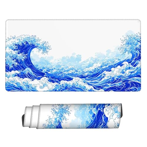 Large Schreibtischunterlage Blau Mauspad XL 900x300x3mm mit Vernähte Kanten Mousepad Wellen Desk Mat Wasserdicht Erweiterter Schreibtisch Schutz Langlebig Mauspads, Room Decor, Frauen Geschenke H2-240 von Yhfunfo