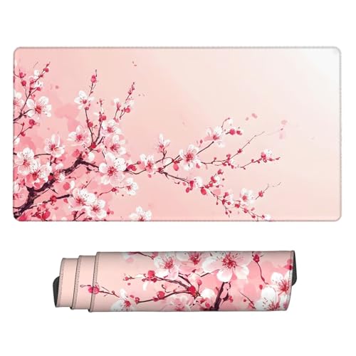 Large Schreibtischunterlage Rosa Mauspad XXL 1200x600x3mm mit Vernähte Kanten Mousepad Kirschblüten Desk Mat Wasserdicht Erweiterter Schreibtisch Schutz Langlebig Mauspads, Geschenke für Frauen H2-588 von Yhfunfo