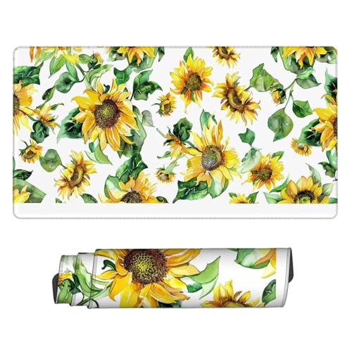 Mauspad Weiß Gamer Mousepad Sonnenblume Schreibtischunterlage Wasserdicht Large Size Spezielle Oberfläche Verbessert Präzision und Geschwindigkeit, rutschfeste Gummibasis, Office 1600x800x3mm H2-403 von Yhfunfo