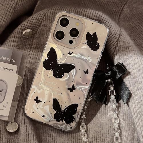 Yhsvie Glitzer Hülle iPhone 16 Pro Max Slim Case mit Kristall Armband, Bling Schmetterling Handyhülle für Frauen Mädchen iPhone 16 Pro Max Schutzhülle mit Perlenkette Hart Kratzfeste PC Case Cover von Yhsvie