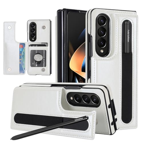 Yhsvie Handyhülle für Samsung Galaxy Z Fold5 5G Hülle mit S Pen Halter Flip Leder Geldbörse Schutzhülle mit Ständer für Galaxy Z Fold 3 Stoßfest Kratzfest Case Klapphülle Kartenfach Cover -Weiß von Yhsvie