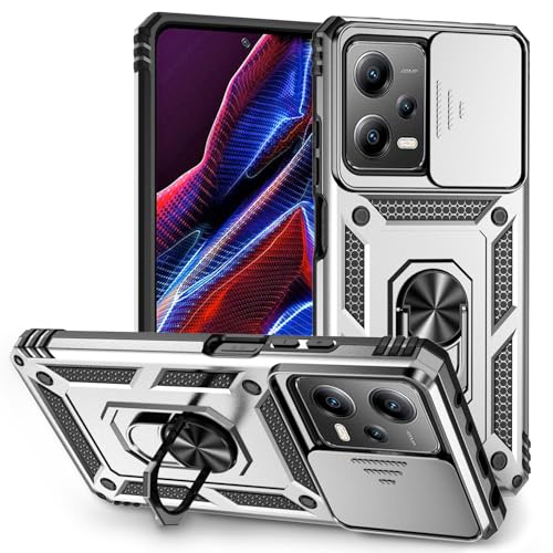 Yhsvie Handyhülle für Xiaomi 14T Hülle mit Ständer Xiaomi 14T Slide Camera Schutzhülle Metall Ring Ständer Kameraschutz Hülle Stoßfest Kratzfeste Robuste rutschfest Case Cover-Silber von Yhsvie