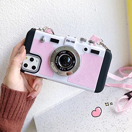 Yhsvie Handykette für iPhone 14 pro Hülle mit Band,3D Vintage Kamera Handyhülle iPhone 14 pro Silikon Schutzhülle Stossfest Necklace Case lustige kreative Cover mit Kette-Rosa von Yhsvie